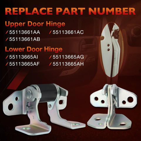 Driver Side Left Front Door Hinges Upper Lower Set For Jeep Grand Cherokee Dodge Charger Durango Chrysler 300 replacement part numbers.