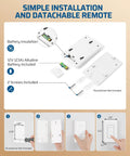 Remote Control Outlet And Wireless Wall Mounted Light Switch For Lamps Fans And Household Appliances No Wiring Needed Plug In Power Switch 100 Feet RF Range ETL Listed Programmable Detachable Wall Mount with installation instructions and battery details.