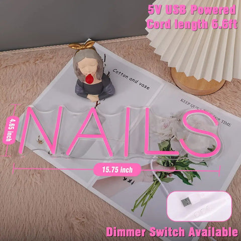 LED Neon Nail Sign Pink Lights For Nail Spa Beauty Salon Studio USB Powered 5V Dimmer Switch 15.75 Inch Indoor Wall Art