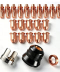 Plasma Cutter Consumables Kit 23 Pieces Replacement For Titanium Plasma65 Ti PC65 IPT 65 Models 56255 56811 59182 58895 59164 Includes Electrodes Nozzles Cups Standoff Guide Swirl Ring Shield Cap Direct Replacement Plug And Play with copper electrodes and nozzles.