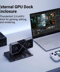 Mini External Graphics Card eGPU Dock For Thunderbolt 3 And 4 Plus USB4 Ports With Pcie 16x Upgrade Bay on desk with laptop.