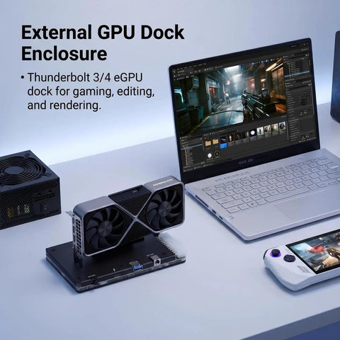 Mini External Graphics Card eGPU Dock For Thunderbolt 3 And 4 Plus USB4 Ports With Pcie 16x Upgrade Bay on desk with laptop.