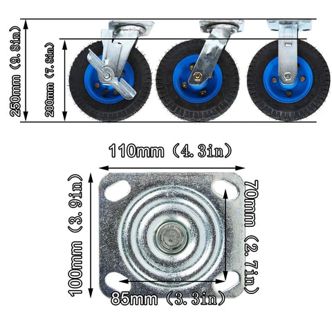 Heavy Duty Pneumatic Rubber Wheel Swivel Caster With Brakes Built Like A Tank For Smooth Industrial Glides And Heavy Lifting, showing 8in inflatable tires.