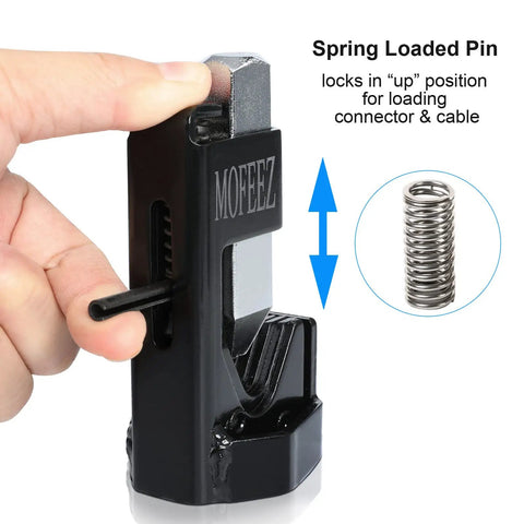 Hammer Lug Crimping Tool For 8 AWG Through 4 0 Battery And Welding Cables with spring-loaded pin mechanism.