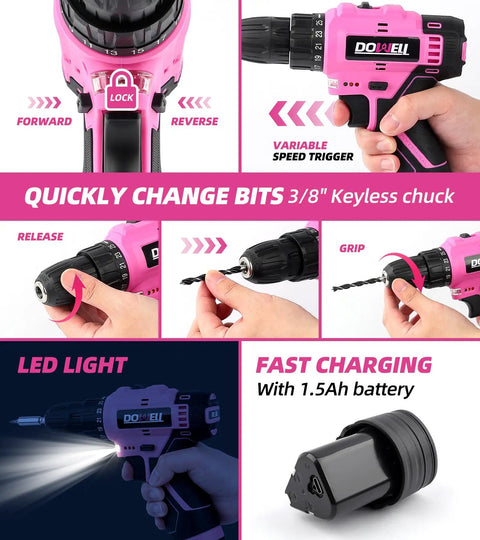 Image showing features of Pink 147 Piece Tool Kit With Twelve Volt Cordless Drill And Three Eighth Inch Keyless Chuck Built In LED Type C Charge Cable Women Friendly Home DIY Set For All.