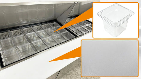 Heavy Duty Commercial Workhorse Food Prep Table Refrigerator With Three Door Stainless Steel Mega Top ETL upright salad fridge cooler featuring clear storage containers.