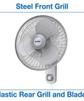 Commercial Grade Oscillating 16 Inch Wall Mount Fan With 17100 CFM Airflow For Workshops Gyms Stores Classrooms And Offices Beefy Heavy Duty Adjustable Oscillation Easy Mounting 9016 Model with steel front grill and plastic rear grill.