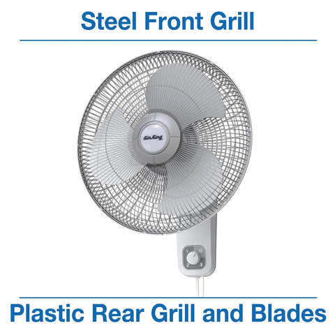 Commercial Grade Oscillating 16 Inch Wall Mount Fan With 17100 CFM Airflow For Workshops Gyms Stores Classrooms And Offices Beefy Heavy Duty Adjustable Oscillation Easy Mounting 9016 Model with steel front grill and plastic rear grill.