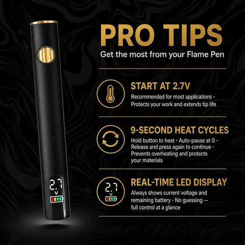 Infographic of 510 Threaded Battery Pen Soldering Kit With LED Display, 650mAh Cordless Soldering Iron, showing pro tips and features
