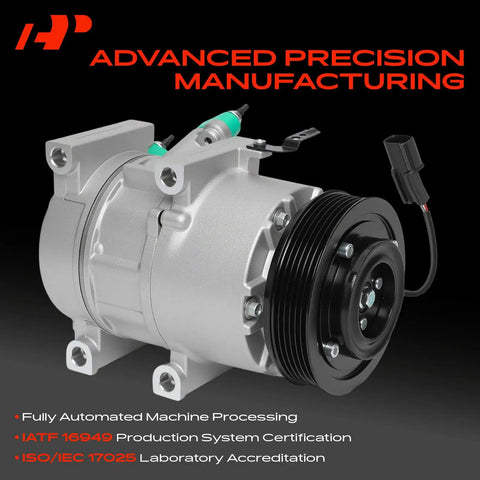 Built Tough AC Compressor With Clutch Straight Swap Kit For Hyundai Sonata And Kia Optima 2011 Through 2014 Vs16e Model displayed from the side with six groove pulley.