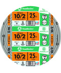 Coiled 25 ft 10/2 AWG solid UF-B underground feeder cable with labels, suitable for outdoor power distribution
