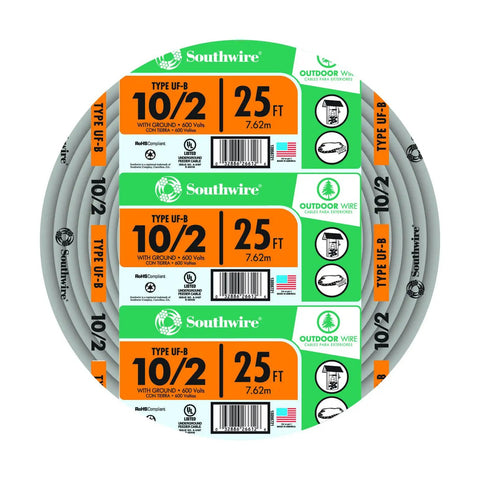 Coiled 25 ft 10/2 AWG solid UF-B underground feeder cable with labels, suitable for outdoor power distribution