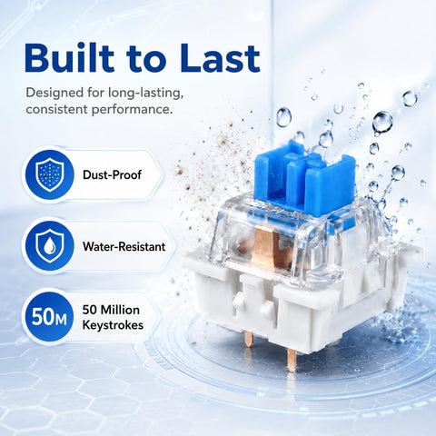 50 Blue Mechanical Keyboard Switches Kit For 3D Printer Projects With 3 Keycaps, close-up blue switch, dust-proof, water-resistant