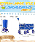 Heavy Duty Beach Wagon With Big All Terrain Wheels For Sand And Grass, 400 Lbs Capacity, foldable in blue, shown in fold and unfold sizes