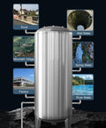 Food Grade Stainless Steel Pressure Tank 300 Liter Vertical Hydro Vessel with water sources labeled for rural, factory, and more.