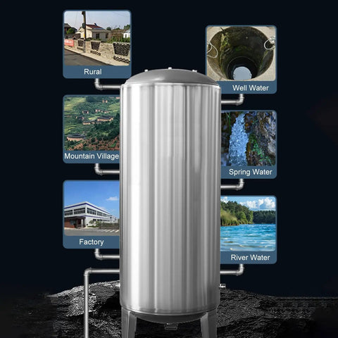 Food Grade Stainless Steel Pressure Tank 300 Liter Vertical Hydro Vessel with water sources labeled for rural, factory, and more.