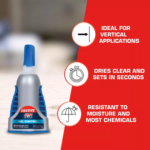 Front view of Gel Control Super Glue For Quick Fixes Clear Instant Adhesive For Plastic Wood Metal Crafts And Repairs No Drip Formula 0.14 Fl Oz Bottle 6 Pack Fast Drying For Quick Strong Bonds On Plastic Wood Metal And More, highlighting no-drip gel and fast-setting features on packaging.