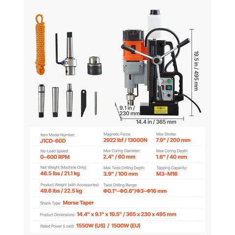 Heavy Duty Magnetic Drill Press 1550W with accessories, size 14.4x9.1x19.5 inches, ideal for core cutting and tapping tasks.