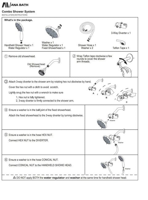 Installation instructions for 5 Inch Anti Clog High Pressure Dual Shower Head With Handheld Spray, featuring package contents and setup steps.