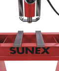 Heavy Duty 50 Ton Air Hydraulic Shop Press With Auto Pump Motor and Sliding Offset Head showing the metal tray and gauge.