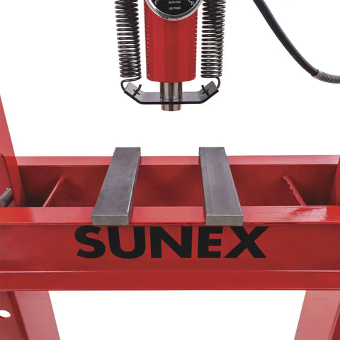 Heavy Duty 50 Ton Air Hydraulic Shop Press With Auto Pump Motor and Sliding Offset Head showing the metal tray and gauge.