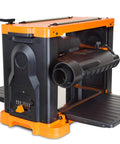 Garage Ready Spiral Benchtop Thickness Planer Boasts 26 Staggered Hss Blades And Quick Set Depth Gauge To Mill Lumber Smooth As Butter For Dimensions Up To Six Thick And Thirteen Wide, side view showcasing depth gauge and adjustment knob.