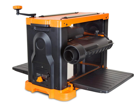 Garage Ready Spiral Benchtop Thickness Planer Boasts 26 Staggered Hss Blades And Quick Set Depth Gauge To Mill Lumber Smooth As Butter For Dimensions Up To Six Thick And Thirteen Wide, side view showcasing depth gauge and adjustment knob.