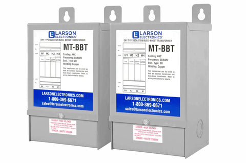 Two heavy-duty three phase delta buck-boost transformers 208V primary to 230V secondary power converters for industrial equipment
