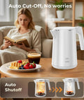 Fast Boil Electric Kettle With 1.0L Capacity 1200W 7 Temperature Settings on a table next to a breakfast setup