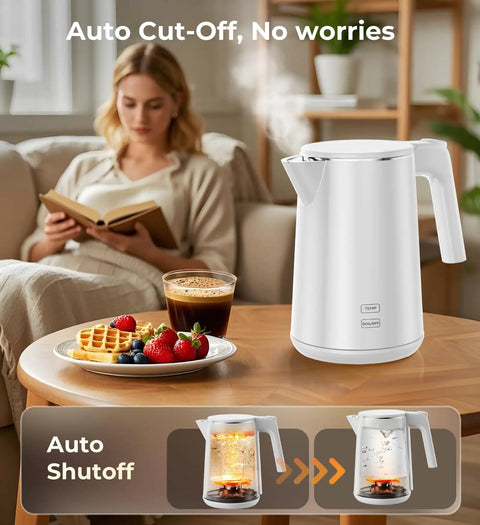 Fast Boil Electric Kettle With 1.0L Capacity 1200W 7 Temperature Settings on a table next to a breakfast setup
