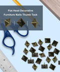 Badass Bronze Upholstery Tacks 50 Pack Square Head Bubble Nails For Furniture Crafting Decorative Thumb Tacks With Vintage Polish displayed with scissors and ruler.