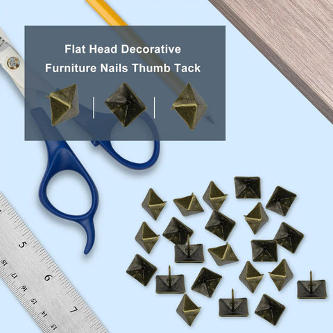 Badass Bronze Upholstery Tacks 50 Pack Square Head Bubble Nails For Furniture Crafting Decorative Thumb Tacks With Vintage Polish displayed with scissors and ruler.