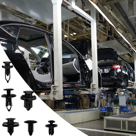 All In One Car Retainer Clips Kit 200 Pieces Plastic Fasteners Set For Auto Body Panels with cars on assembly line