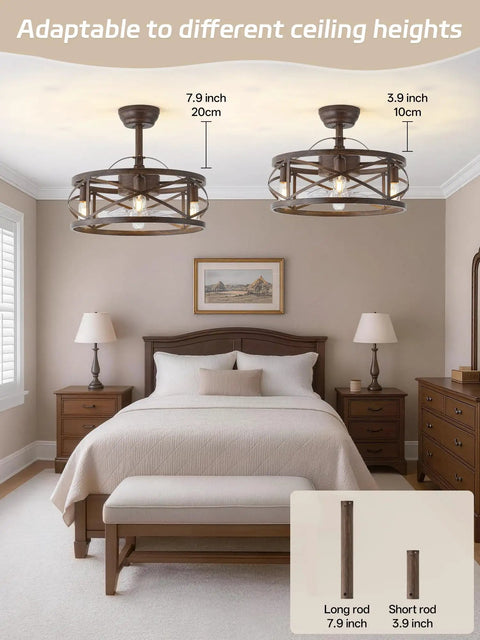 Metnaour 20 Inch Fandelier Caged Ceiling Fan with Lights and Remote, Rustic Farmhouse Bladeless Ceiling Fan, Dark Brown installation image showing 7.9 inch and 3.9 inch rods.
