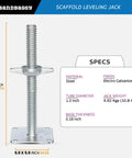 Smooth Turning Adjustable Scaffold Screw Jack And Galvanized Leveling Support With 30K Rating And 12 Inch Travel, steel construction, 12 inch length.