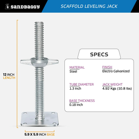Smooth Turning Adjustable Scaffold Screw Jack And Galvanized Leveling Support With 30K Rating And 12 Inch Travel, steel construction, 12 inch length.