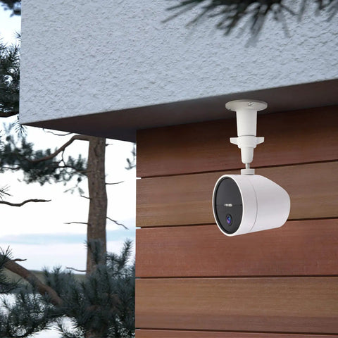 Two Pack Wall Mount Bracket For SimpliSafe Outdoor Security Camera 360 Degree Rotating Holder, mounted under eaves, white.