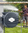 Retractable Garden Hose Reel Half-Inch By 82 Feet With 7 Function Sprayer Nozzle mounted on wall with dimensions shown