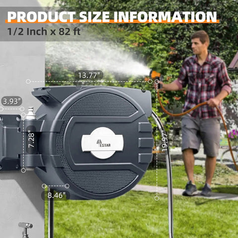 Retractable Garden Hose Reel Half-Inch By 82 Feet With 7 Function Sprayer Nozzle mounted on wall with dimensions shown