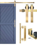 All In One Adjustable Gold Barn Door Hardware Kit For A 6 Foot 7 Inch Track Modern Sliding Door System With 12 Inch Door Handle Bar Finger Pull Plate Interior Floor Guide Light Gold Finish Complete Hanging Kit Door Not Included; shown with blue door