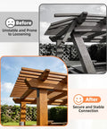 Before and after using Heavy Duty L Brackets 4 Pack Beefy Carbon Steel Corner Braces; pergola stability comparison.