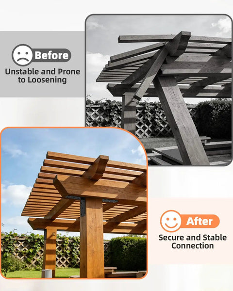 Before and after using Heavy Duty L Brackets 4 Pack Beefy Carbon Steel Corner Braces; pergola stability comparison.