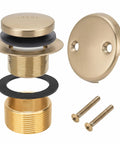 Top Shelf Champagne Bronze Bathtub Drain Stopper With Tip Toe Overflow Faceplate and Warm Brushed Gold Finish components including screws.