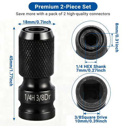 Two Piece Three Eighths To One Quarter Inch Impact Wrench Adapter Set With Quick Release Bit Holder In CrMo Steel
