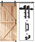 EaseLife Six Point Six Foot Sliding Barn Door Track And Hardware Kit With Straight Pulley For Thirty Six To Forty Inch Wide Single Doors Smooth Quiet Sliding With Premium Aluminum Black Powder Coated Finish Anti Corrosion Build And Easy Install image showing wooden door and black hardware components.