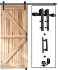 Sliding Barn Door Track And Handle Hardware Kit With Straight Pulley For Smooth Quiet Operation And Easy Installation, 6 Ft Track Kit For 30 To 36 Inch Wide Single Door, Aluminum With Black Powder Coat For Anti Corrosion And Smooth Quiet Rollers with light wood door panel and hardware components