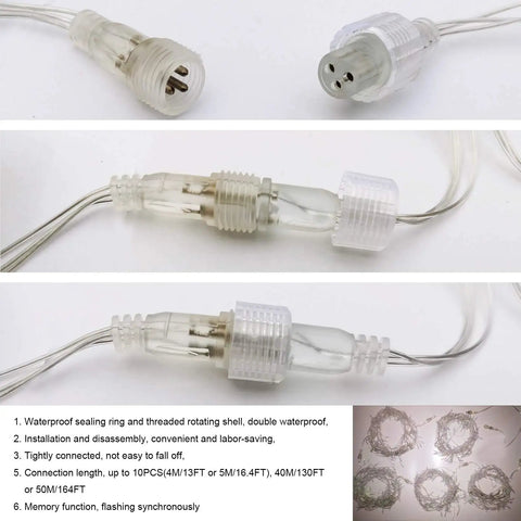 Connectors of warm white LED icicle string lights, plug in for windows and outdoor spaces, 16.4Ft 216 LEDs, linkable design shown.