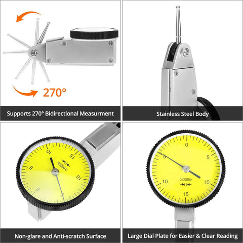 QWORK dial test indicator with yellow dial and stainless steel body; four-view collage (front, side, close-up)