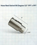 1/2 Inch FPT to FPT Hose Reel Swivel, 90 Degree Rotary Union, 5000 PSI Heavy Duty Stainless Steel Fitting, High Pressure Accessory for Commercial Pressure Washers, Fits Hannay Cox Titan Summit Reels. Angle view with 3-inch length and 1.5-inch diameter.