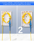 2-port white fiber optic terminal junction box with yellow fiber cables and blue SC/UPC connectors (front view)